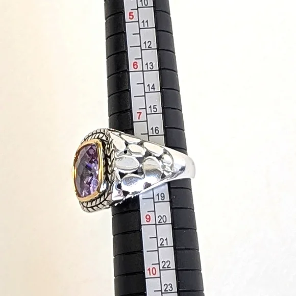 Vintage Cushion Cut Amethyst Silver-plated Ring Vine Frame Open Pebble Design - Picture 9 of 9